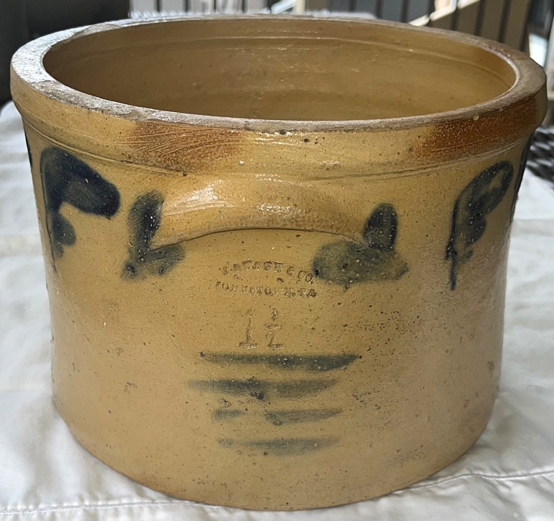 19TH C. BLUE DEC. STONEWARE CAKE CROCK "J. SWANK & CO. JOHNSTOWN, PA." (1 of 8)