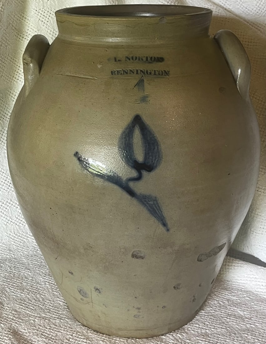 EARLY 19TH C. BLUE DEC. 4 GAL. OVOID STONEWARE CROCK "L. NORTON, BENNINGTON" (1 of 9)