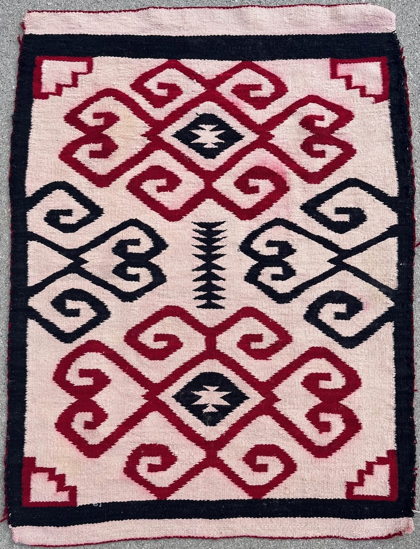SOUTHWEST NATIVE AMERICAN HAND WOVEN NAVAJO RUG, CRYSTAL REGION C. 1920-30: SOUTHWEST NATIVE AMERICAN HAND WOVEN NAVAJO RUG, CRYSTAL REGION, HAND SPUN WOOL WITH NATURAL DYES C. 1920-30 - MEASURES APPROX. 42" X 31 1/4" - PLEASE VIEW ALL PHOTOS PROVIDED FOR CONDITION REPORT
