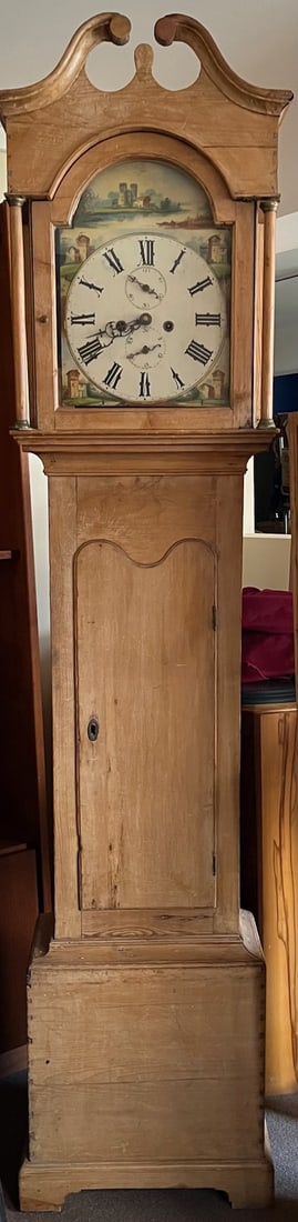 EARLY 19TH C. PINE CASED GRANDFATHER CLOCK WITH HAND PAINTED DIAL (1 of 3)