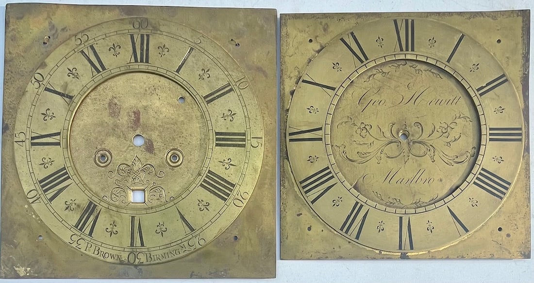 LOT OF 2 18TH C. BRASS G.F. CLOCK DIALS WITH ELABORATE ENGRAVED DECORATION (1 of 11)