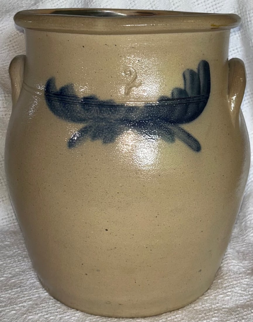 19TH C. 2 GAL. BLUE DECORATED STONEWARE CROCK - UNMARKED (1 of 7)