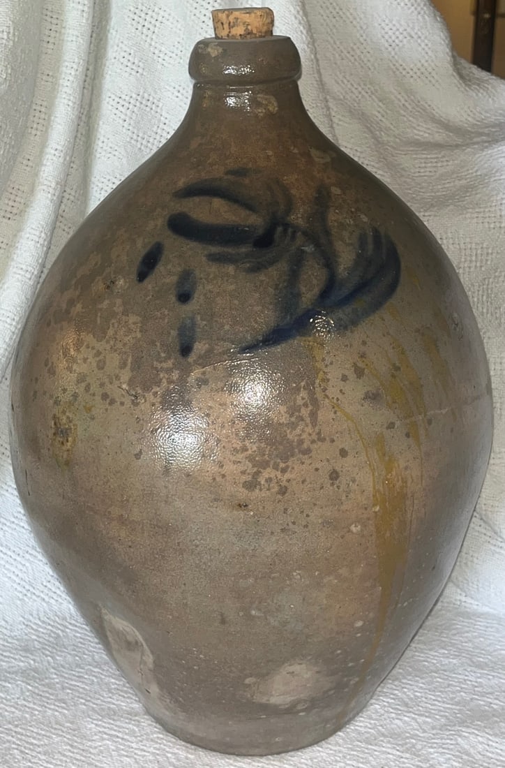 EARLY 19TH C. 3 GAL. BLUE DEC. OVOID STONEWARE JUG - UNMARKED (1 of 7)