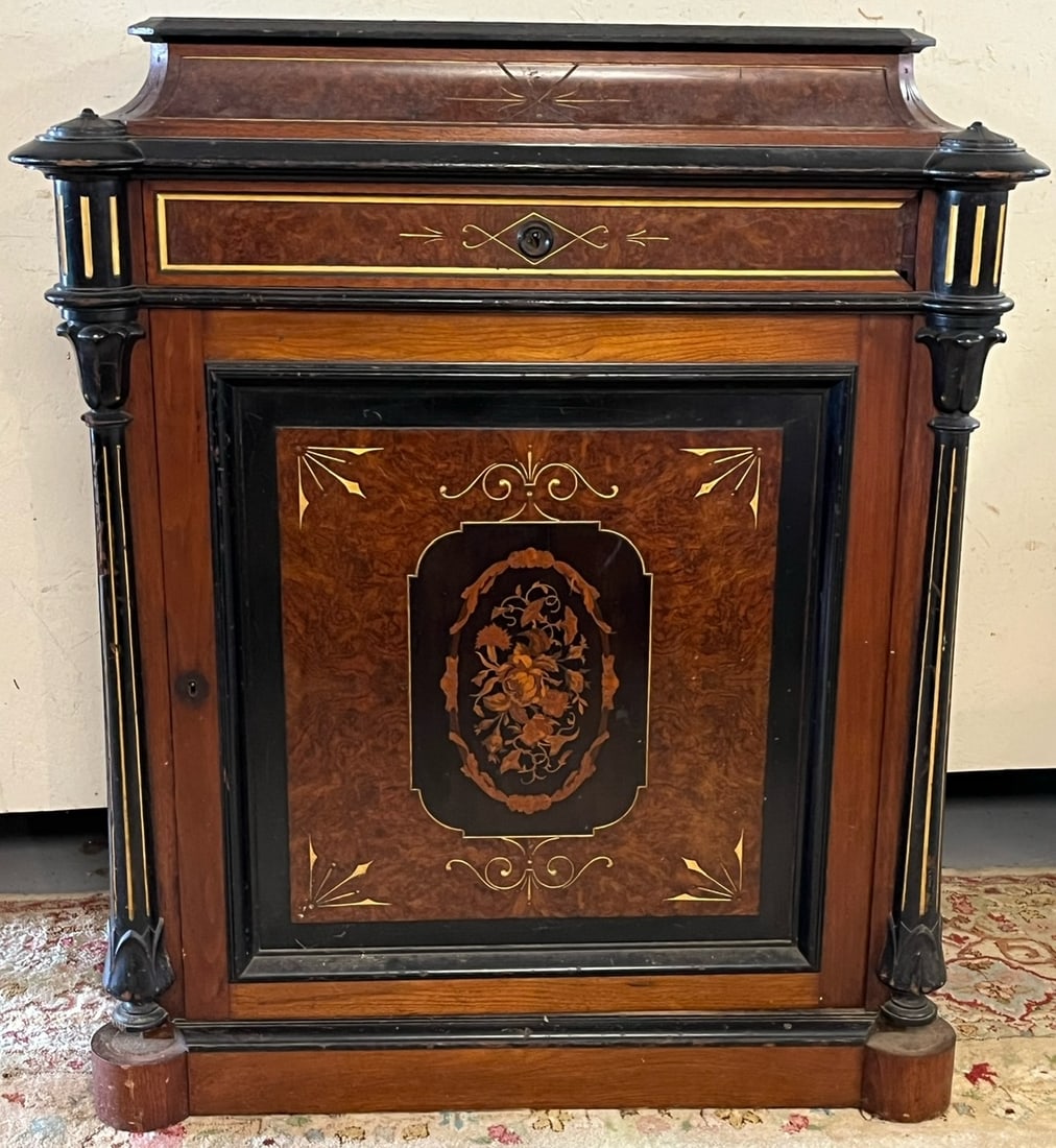 19TH C. RENAISSANCE WALNUT & BURL WALNUT MARQUETRY BUFFET: 19TH C. RENAISSANCE WALNUT & BURL WALNUT MARQUETRY BUFFET – WOULD HAVE HAD A MARBLE TOP (NOT INCLUDED) – GOOD OVERALL CONDITION OTHER THAN THE MISSING MARBLE TOP – MEASURES APPROX. 37” WID