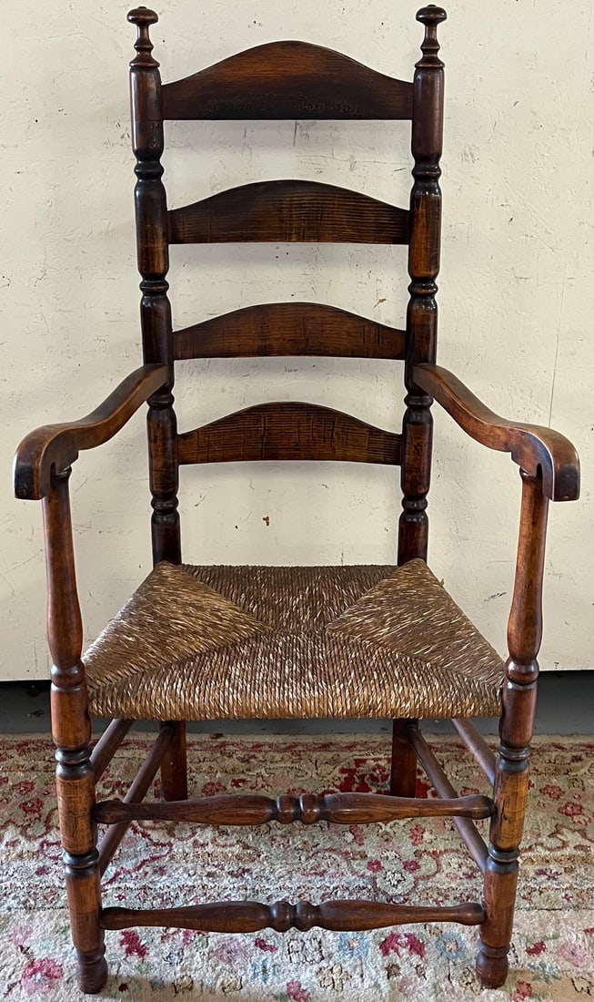 18TH C. AMERICAN LADDERBACK ARM CHAIR W/ RUSH SEAT (1 of 7)