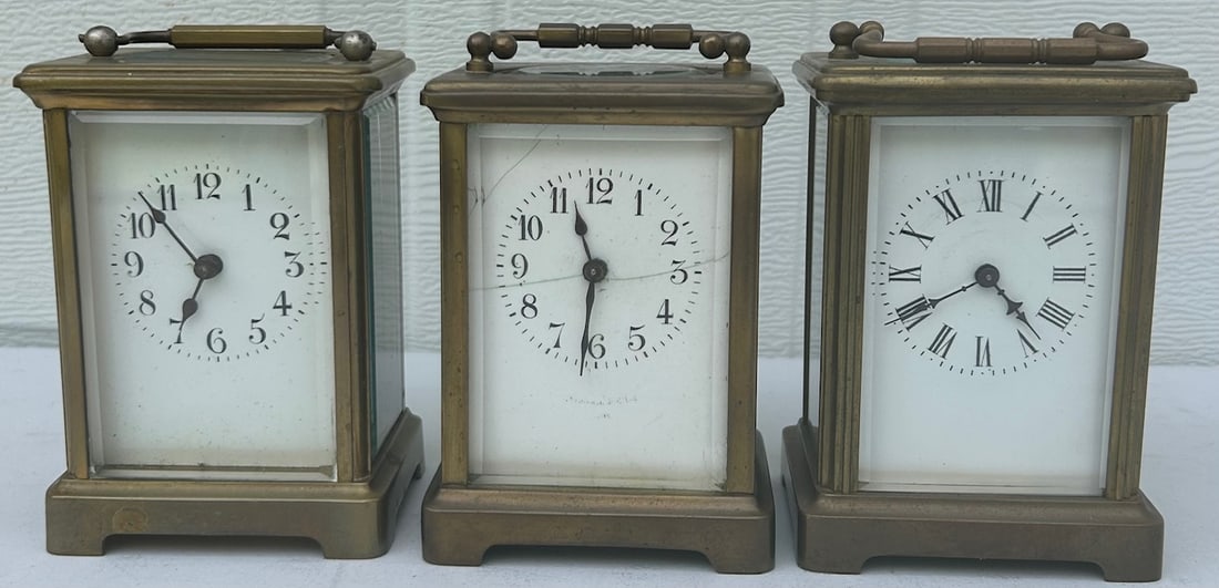 LOT OF 3 ANTIQUE BRASS CARRIAGE CLOCKS W/ WHITE PORCELAIN DIALS (1 of 20)