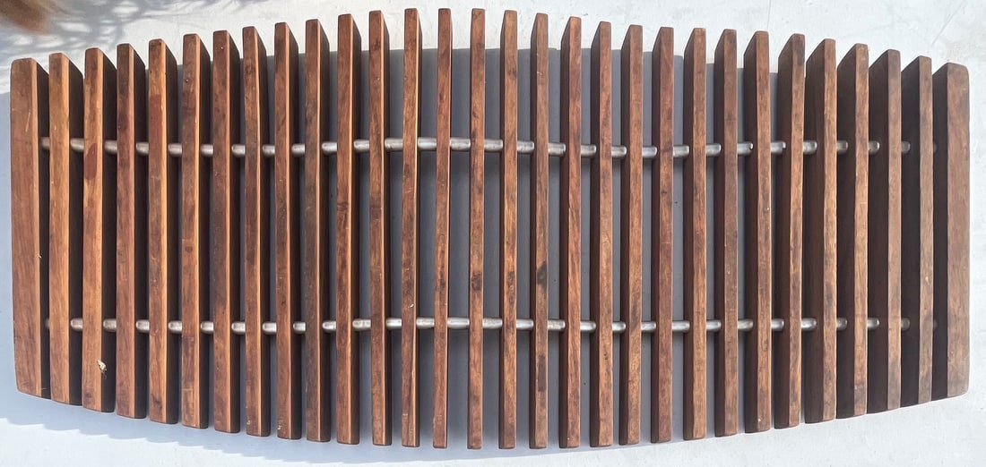 MCM - MID CENTURY DANISH TEAK 'FISHONE' TRIVET OR TRAY: MCM - MID CENTURY DANISH TEAK AND ALUMINUM 'FISHBONE' TRIVET OR TRAY - GOOD OVERALL CONDITION - MEASURES APPROX. 20" X 9" X 1 1/8" HIGH
