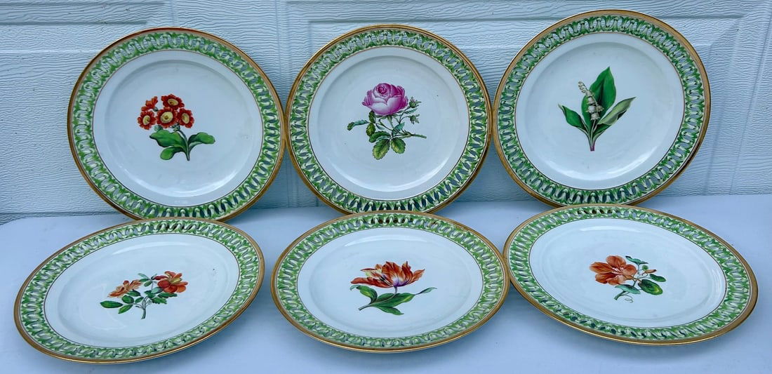 SET OF 6 19TH C. MEISSEN PORCELAIN RETICULATED FLORAL PLATES (1 of 13)