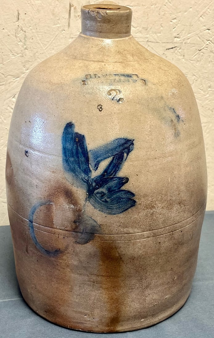 19TH C. 2 GAL. BLUE DEC. STONEWARE JUG “E.L. FARRAR IBERVILLE, QUEBEC (1 of 8)