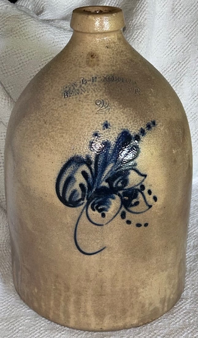 19TH C. 2 GAL. BLUE DECORATED STONEWARE JUG – BENNINGTON, VT (1 of 8)