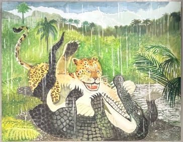 Large Oil on Canvas Painting of a Leopard Fighting a Crocodile