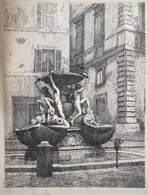 Etching, Fountain of turtles Signed Giuseppe Malandrino