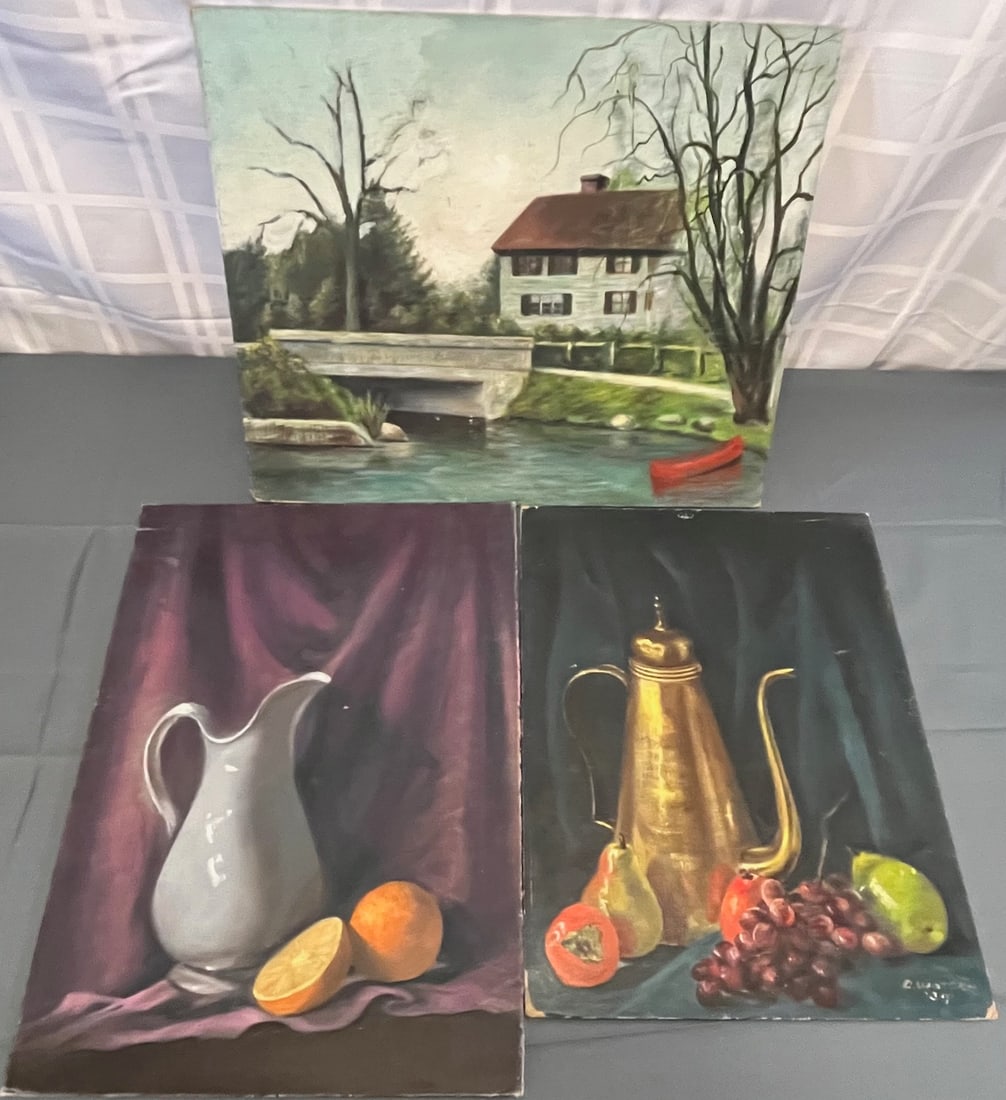 3 oil on board paintings, one signed Dorothy Watson '37 (1 of 9)