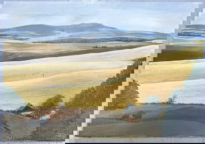 Mountainous Farm Scene Landscape Oil Painting on Canvas, Signed J Caroff