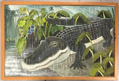 Large Framed Folky Oil On Board Painting of Alligator at River's Edge