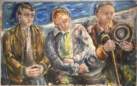 Large Oil On Canvas Painting 3 Gentlemen Seated on Bench - Attributed to Lewando