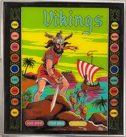 Vintage Framed Vikings Pinball Machine Back Glass
