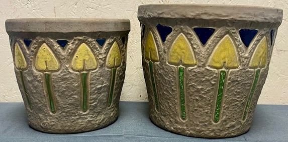 Lot of 2 Antique Roseville "Mostique" Pattern Art Pottery Jardinieres