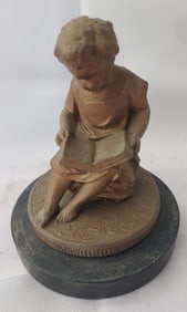 Vintage / Antique Metal Figure Of A Boy Reading A Book, On Marble Base