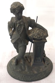 Antique Metal Figure of a Young Boy Leaning on Pedestal with a broom