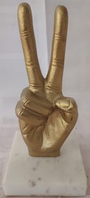 Figural Brass Peace Fingers Symbol Mounted on Marble Base
