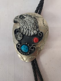 Vintage Native American Bolo, Eagle Head with Turquoise & Coral Stones