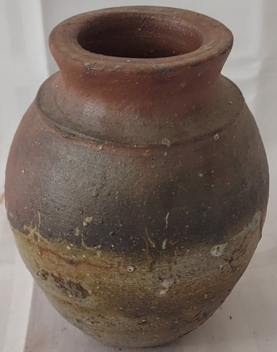 Pottery Vessel With Metal Ring Marked On Bottom: Pottery Vessel With Metal Ring, Marked on Bottom - Good overall condition - Condition as pictured, unless otherwise noted. If you have any question please contact us.