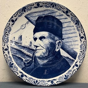 LG. 15" Blue And White Delft Charger, Fisherman Smoking a Pipe