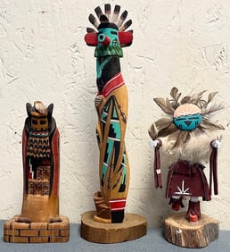 Lot of 3 Vintage Artist Signed, Hand Carved Wood, Hand Painted Kachina Dolls