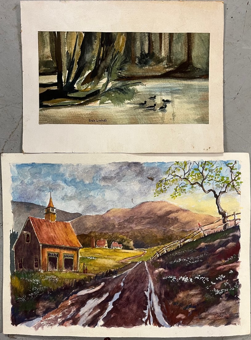 Pair of Artist Signed Watercolor Paintings - Greta Lindroth, Tom Joy (1 of 9)