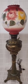 Antique Victorian Parlor Oil lamp Converted to Electric, Hand Painted Ball Shade