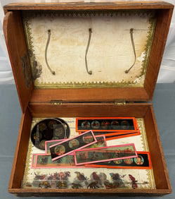 Group of 19 Antique Victorian Colored Glass Slides in Wooden Box