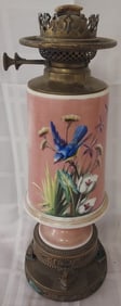 Antique Victorian Porcelain oil lamp w/ Brass Fittings - Hand Painted Blue Bird, Flowers