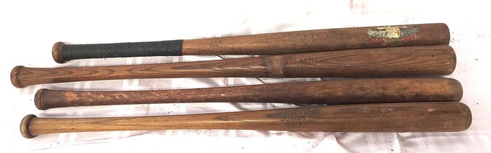 Group of 4 Vintage Wooden Baseball Bats, A. J. Reach Co. 83, Wilson slugger bat