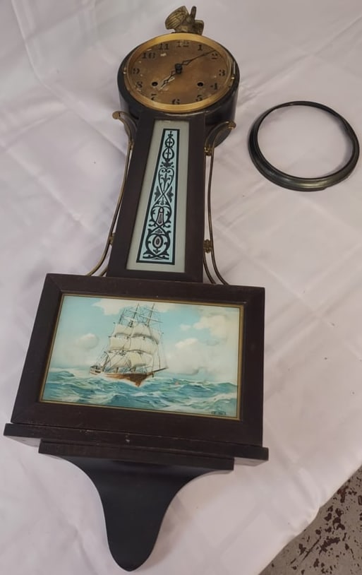 Antique Banjo Clock with Reverse Glass Painted Tablet, Ship At Sea (1 of 7)