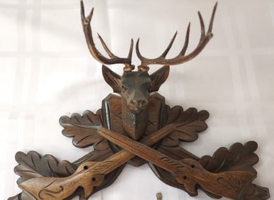 Antique Carved Walnut Cuckoo Clock Parts, Top Crest, Pendulums