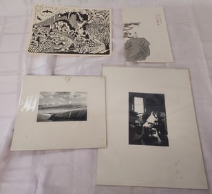 Grouping of 4 Vintage Photographs and Prints Including Japanese Woodblock