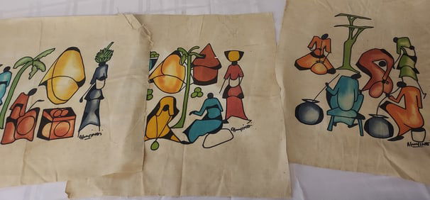 Group of 3 Vintage African Textile Art, Artist Signed