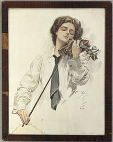 Harrison Fisher Print of Young Lady Playing Violin, Dated 1910