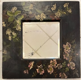 Antique Beveled Glass Mirror in Hand Painted Antique Wooden Frame