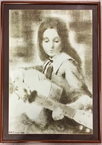 Vintage Framed Sepia of Young Girl (Student) Playing Guitar, Artist Signed Bill Stilson 1967