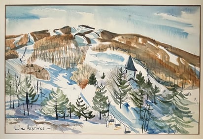 Vintage Watercolor Ski Resort Painting by Liz Hastings, Artist Signed Lower Left