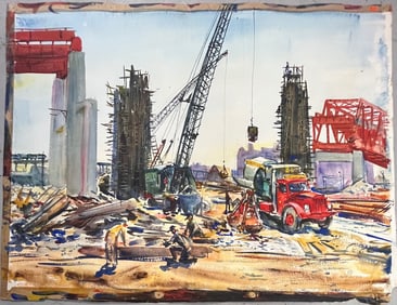 Vintage Construction Site Charles Demetropoulos (1912-1976) Watercolor painting