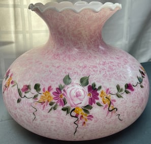 large 14" Hand Painted Milk Glass Lamp Shade - Floral Decoration