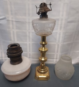 Group of 3 Items - Antique Peg lamp in Brass Candlestick, Oil Lamp & Shade