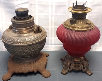 Lot of 2 Antique Oil Lamps - Embossed Nickel and Frosted Ruby Glass