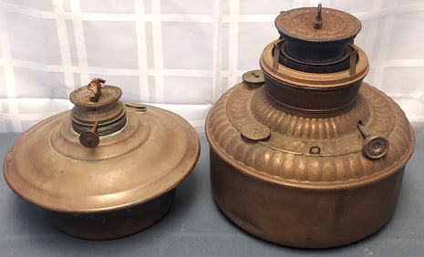 Lot of 2 Antique Brass Oil Lamp Fonts - Lamp Parts