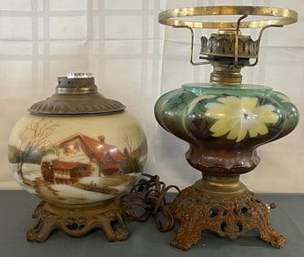 Lot of 2 Antique Victorian Hand Painted Table Lamp Bases