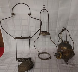 Group of 3 Antique Hanging Lamps Including Brass Double Angle Lamp - Lamp Parts