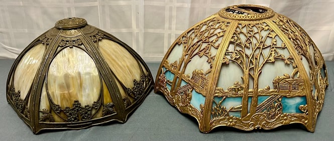 Lot of 2 Antique Bent panel Slag Glass Parlor Lamp Shades